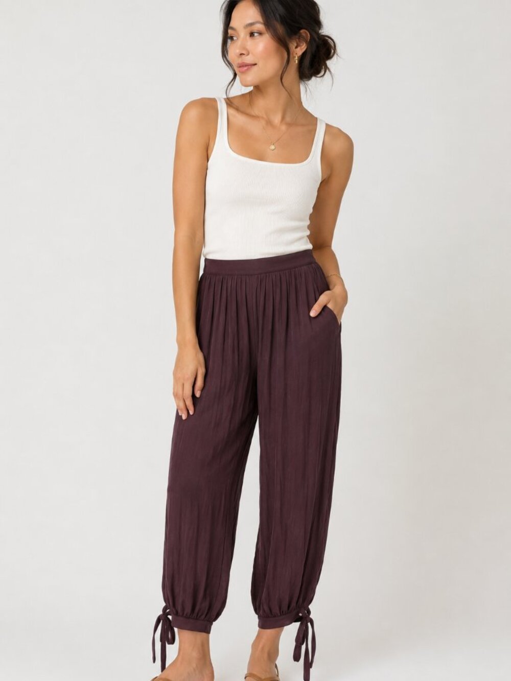 NWT Camila Coelho Chocolate Brown Satin Tie Hem Pants Size M
